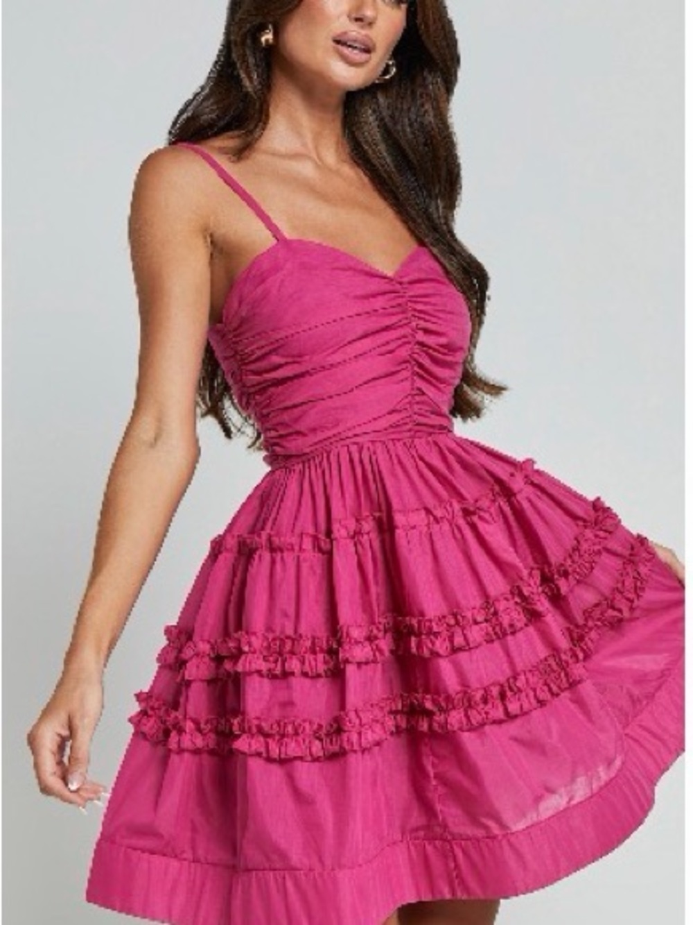 Showpo Hot Pink Ruched Bodice Ruffle Tier Mini Dress